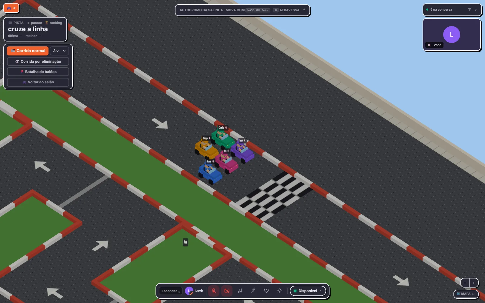 Cinco karts alinhados na largada de uma pista de corrida em 3D